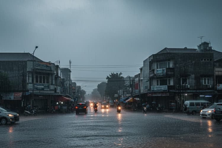 Ilustrasi musim hujan mengguyur wilayah perkotaan.